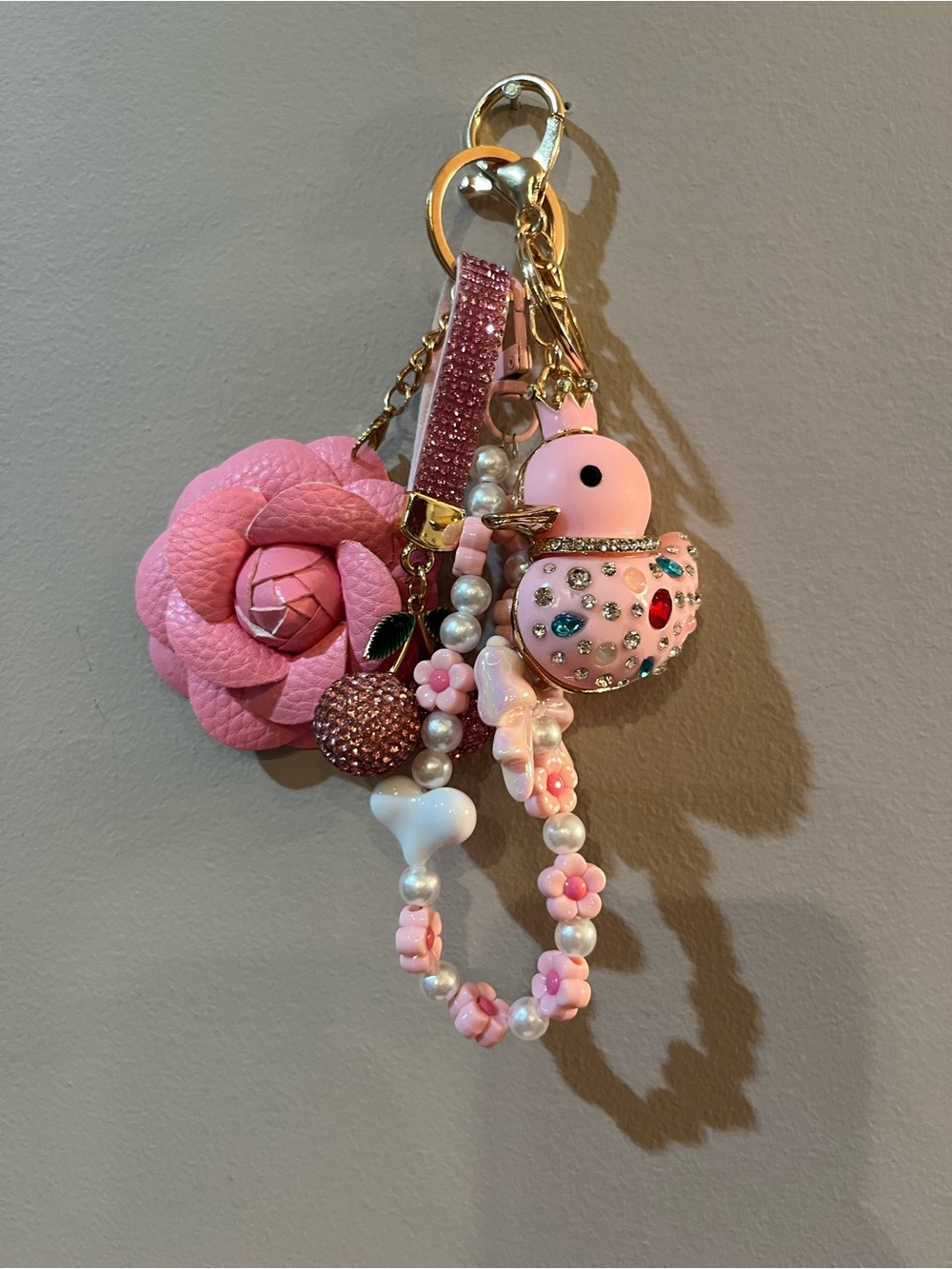 Pink Bejeweled Duck Charm Keychain with Beaded Wristlet